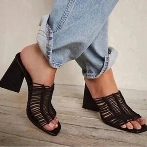 Sam Edelman Black Cord Woven Laurette Block Heel Mules Square Toe Sandal Heels